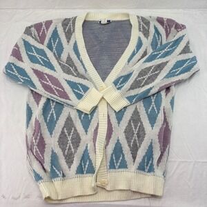 Vintage Cape Cod Sportswear Argyle Cardigan Sweater Metallic Blue Purple Large